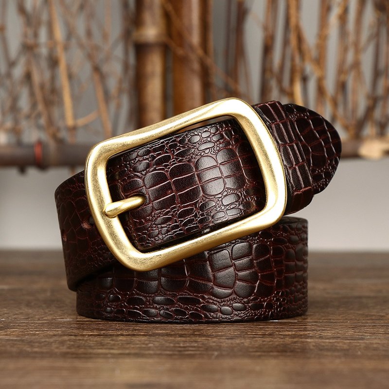 retro trend crocodile print pressed flower head layer cowhide leather belt men's leather needle buckle all casual denim belt
