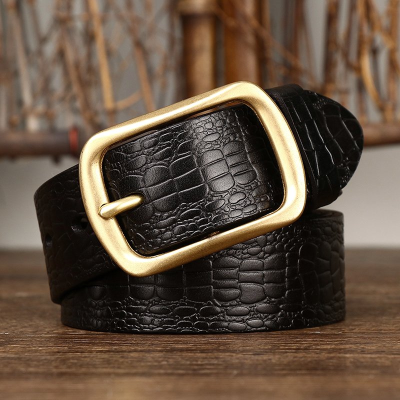 retro trend crocodile print pressed flower head layer cowhide leather belt men's leather needle buckle all casual denim belt