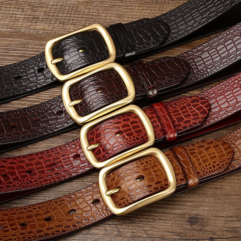 retro trend crocodile print pressed flower head layer cowhide leather belt men's leather needle buckle all casual denim belt