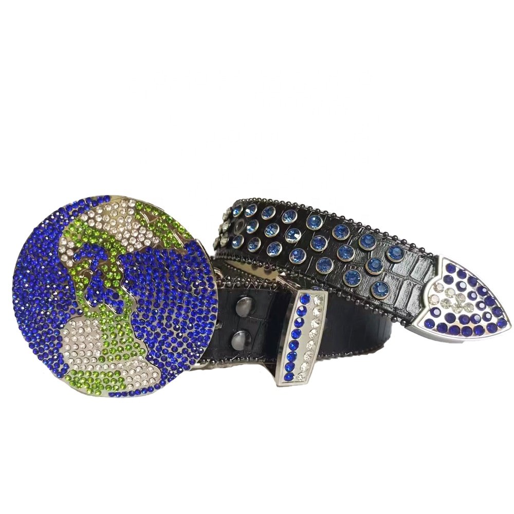 New Custom Punk Western Cowboy Cowgirl Belt for Men Women Bling Sparkly Silver Globe Rhinestone Leather PU With Alloy Buckle