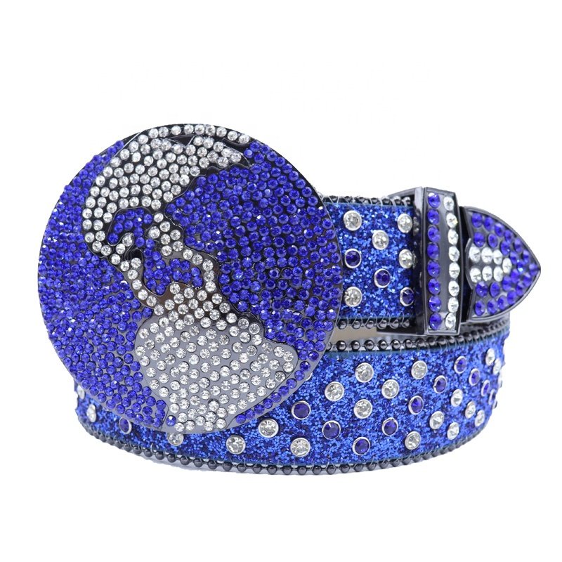 New Custom Punk Western Cowboy Cowgirl Belt for Men Women Bling Sparkly Silver Globe Rhinestone Leather PU With Alloy Buckle