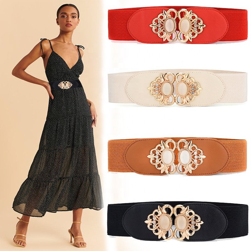 Elegant Decorative Dress Skirts pearl Clasp Buckle High Stretch Elastic Wide Belt for Sweet Girls Ladies