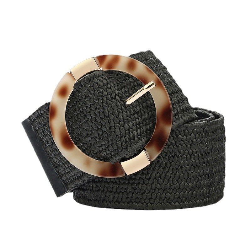 2021 New Design PP Grass Braided Woven Belt Bohemian Style Elastic Fabric Raffia Belt with Plastic Buckle For Women