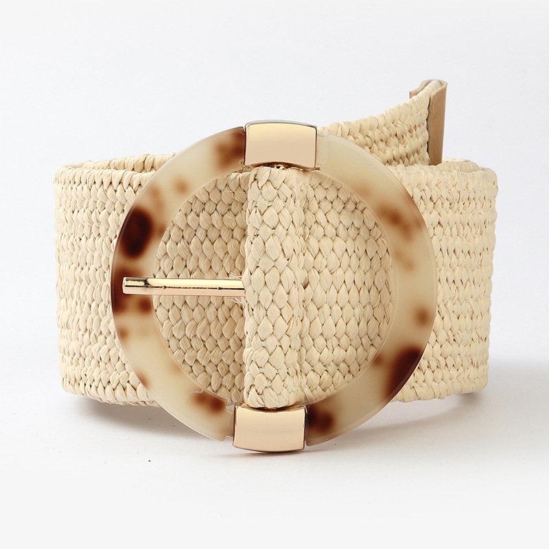 2021 New Design PP Grass Braided Woven Belt Bohemian Style Elastic Fabric Raffia Belt with Plastic Buckle For Women