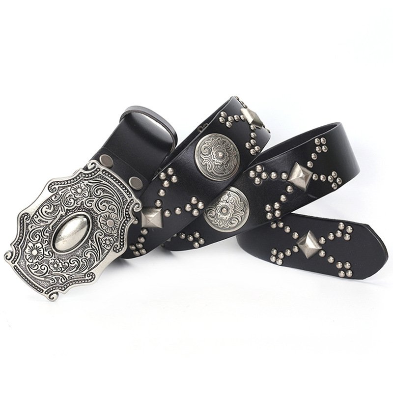 Western Popular Irregular Buckle Conchos Rivet Rhinestone Retro Women's Men's Belt Punk Decorative Belt