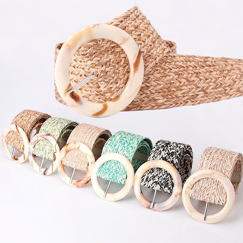 Fashion Boho Summer Beach Straw Woven Belt Rattan Belt Ladies Elegant Resin Buckle Waist Dress Band Women Designer Leather Belts