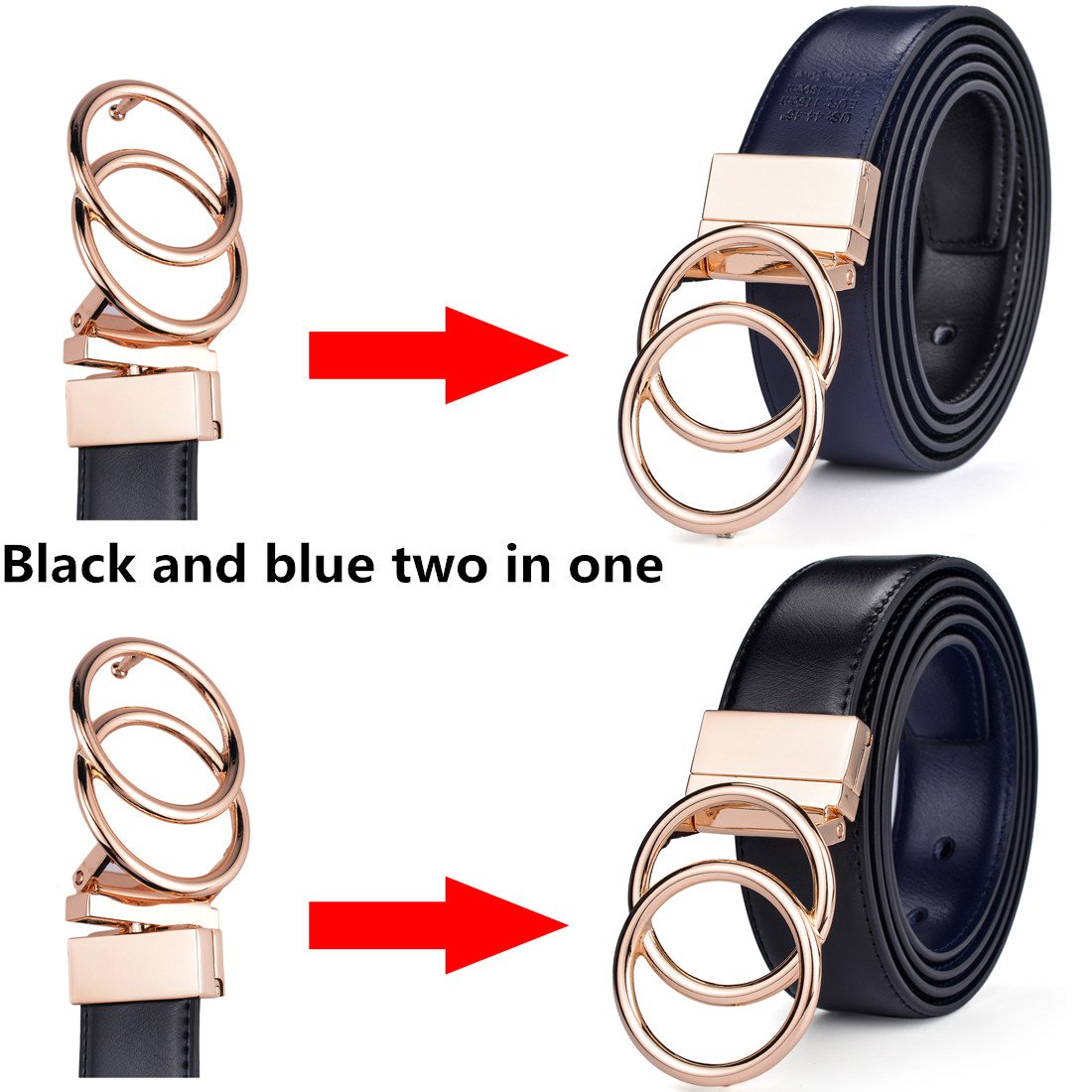 Female Leather Belt New 3.2CM Black and Blue Reversible Genuine Leather Belts for Women with Double Loop Gold Rotated Buckle