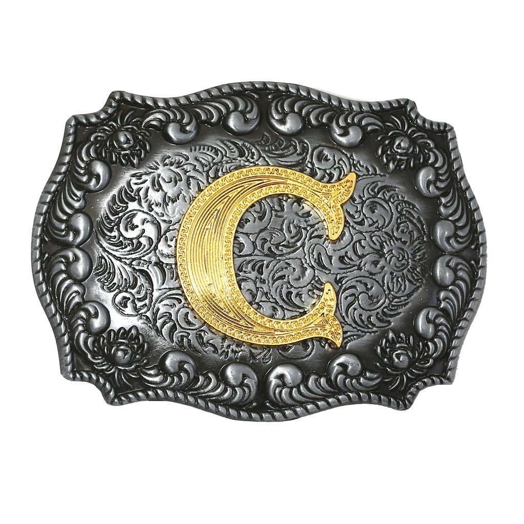 Western Belt Buckle Initial Letters ABCDEFG to Z Cowboy Rodeo Silver Large Belt Buckle for Men