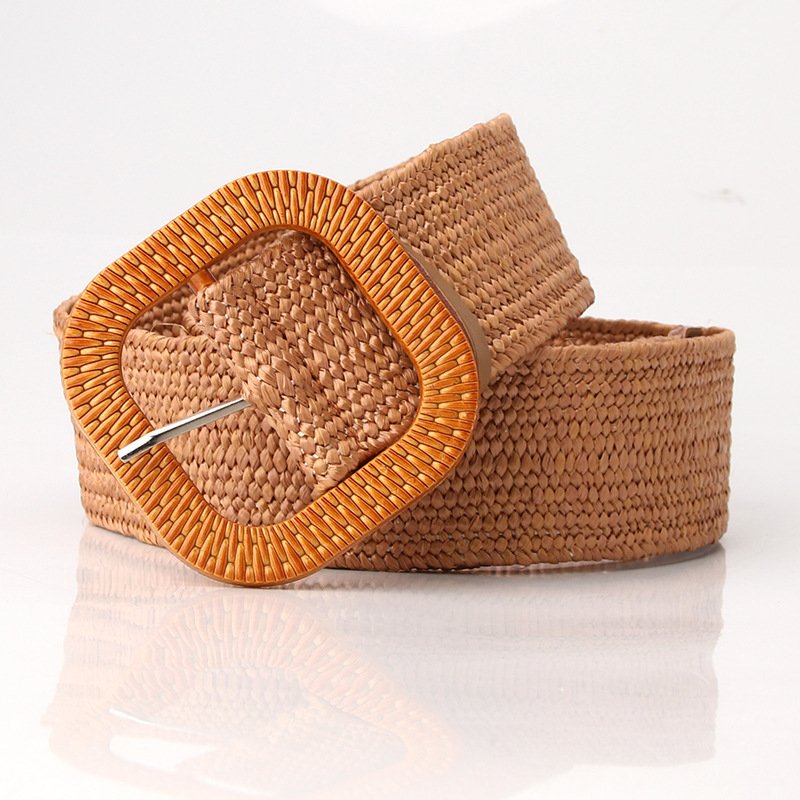 Straw Woven Elastic Stretch Waist Belt Women Skinny Dress Belt Cinch Fashion Round Wooden Buckle Braided Strap Belts