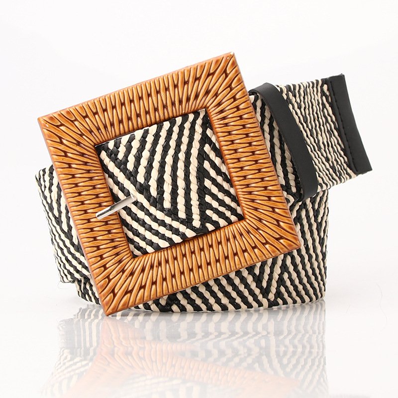 Straw Woven Elastic Stretch Waist Belt Women Skinny Dress Belt Cinch Fashion Round Wooden Buckle Braided Strap Belts