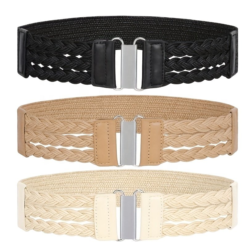 2024 Straw Woven Elastic Belt Summer Boho Braided Dress Belt Women Stretch Waist Belt Dress Alloy Buckle