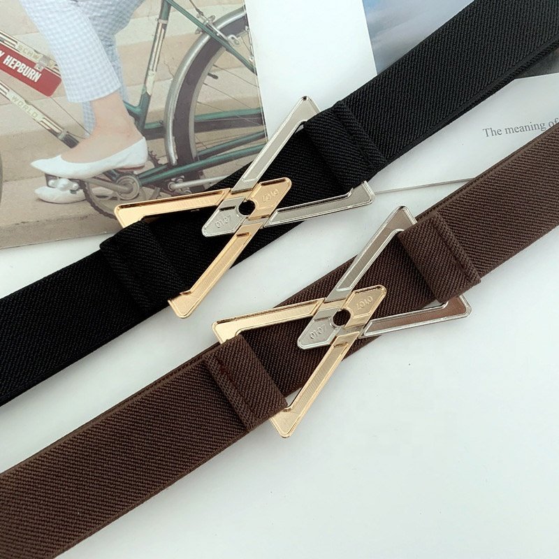 Elastic Waist Belt Waistband Gold Triangle Buckle Belts for Women Dress Coat