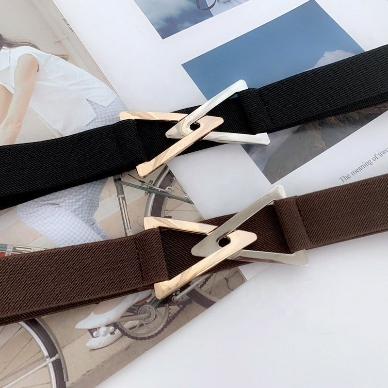 Elastic Waist Belt Waistband Gold Triangle Buckle Belts for Women Dress Coat