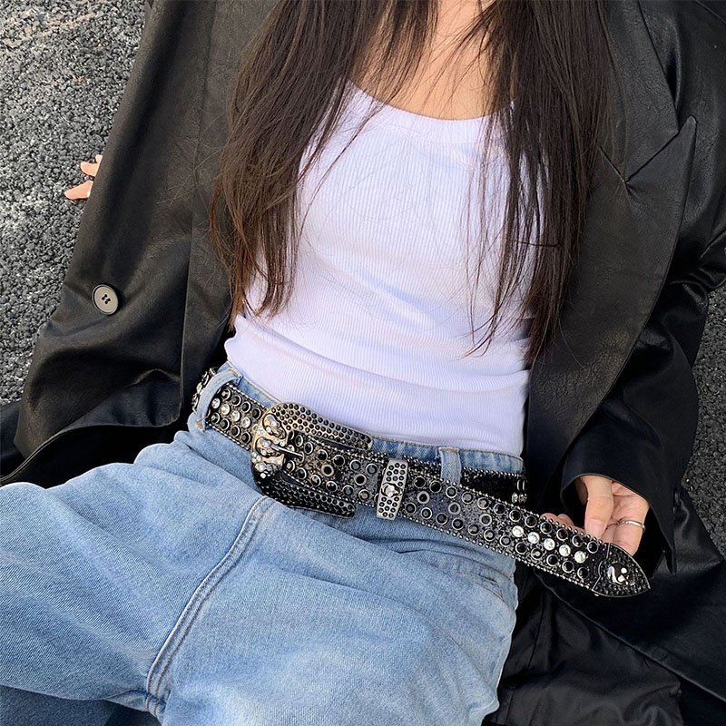 Luxury Fashion Bling Rhinestone Skull Punk Belt Unisex Colourful Diamond Studded For Jeans Dress Women Designer Leather Belts