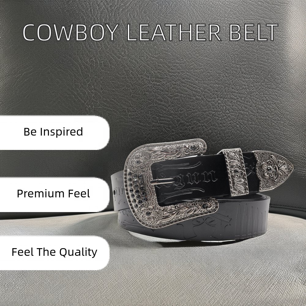 Men Cowboy Western Embossed Cow Hide Leather Belt WIth Alloy Buckle Design Belts