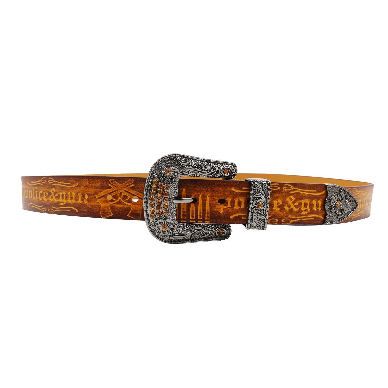 Men Cowboy Western Embossed Cow Hide Leather Belt WIth Alloy Buckle Design Belts