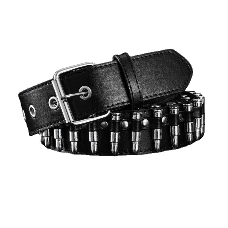 Men's Western west cowboy Gothic PU Belt Dark Metal Punk Hip Hop Style Unique Secondary Bullet Buckle Business for Men