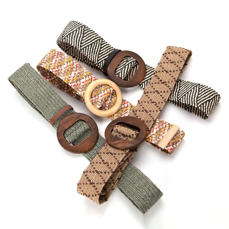 Bohemian PP Grass Straw Braided Knitted Belt Woman Wood Circle Buckle Weave Elastic Belt for girl