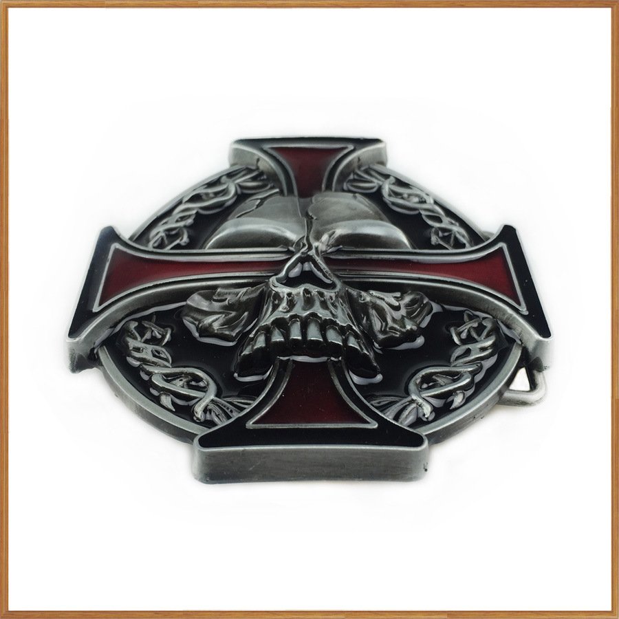New Vintage Zinc Alloy Skull Red Cross Belt Buckle for Men Western Denim Round Belt Buckle