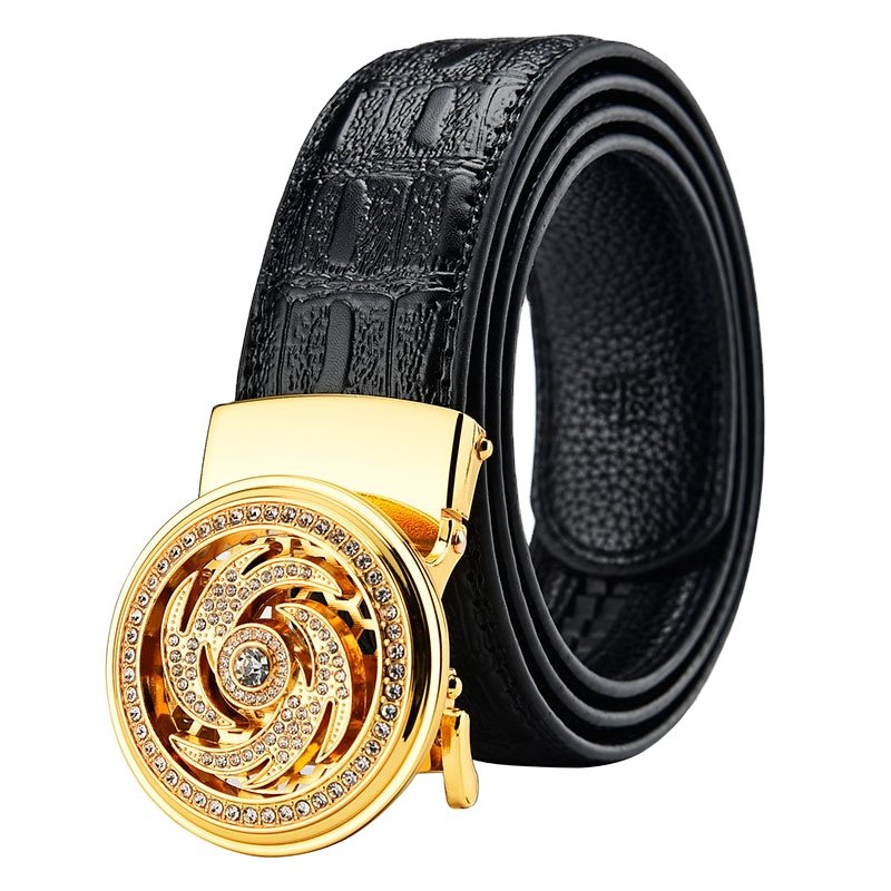 Men's Business Genuine Cowhide Leather Trouser Belt with Black Boys' Diamond Automatic Rotatable Buckle
