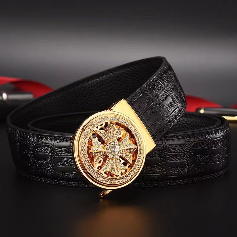 Men's Business Genuine Cowhide Leather Trouser Belt with Black Boys' Diamond Automatic Rotatable Buckle