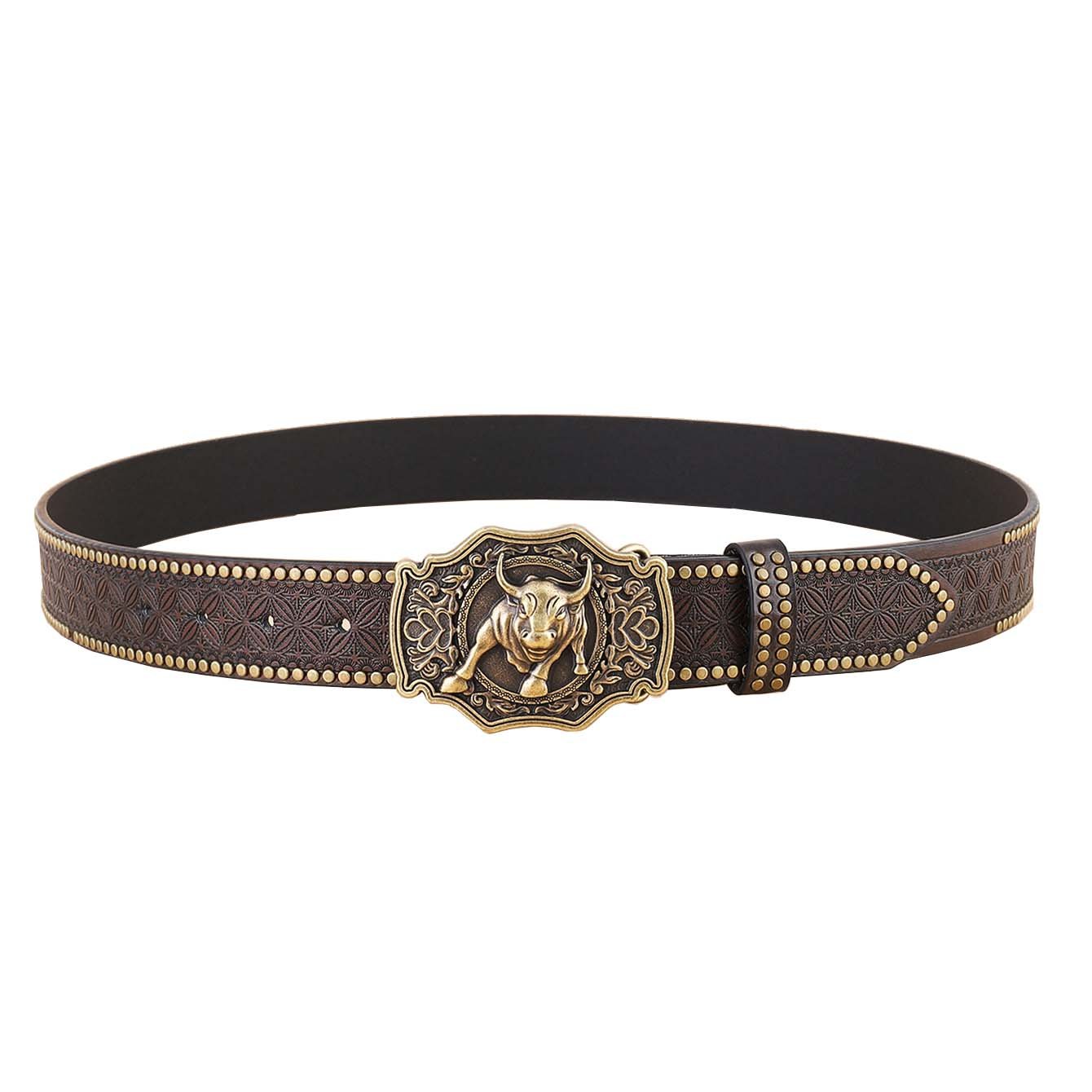 Punk Style Western Cowboy Daily Wear Fashion Rivet Design Embossed Pattern Fake Leather Belt with Bull Alloy Plate Buckle