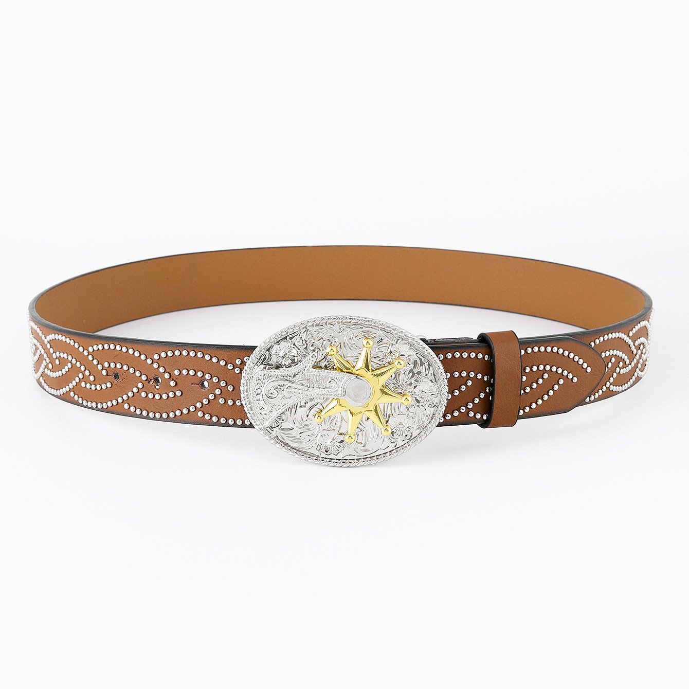 Punk Style Western Cowboy Daily Wear Fashion Rivet Design Embossed Pattern Fake Leather Belt with Bull Alloy Plate Buckle