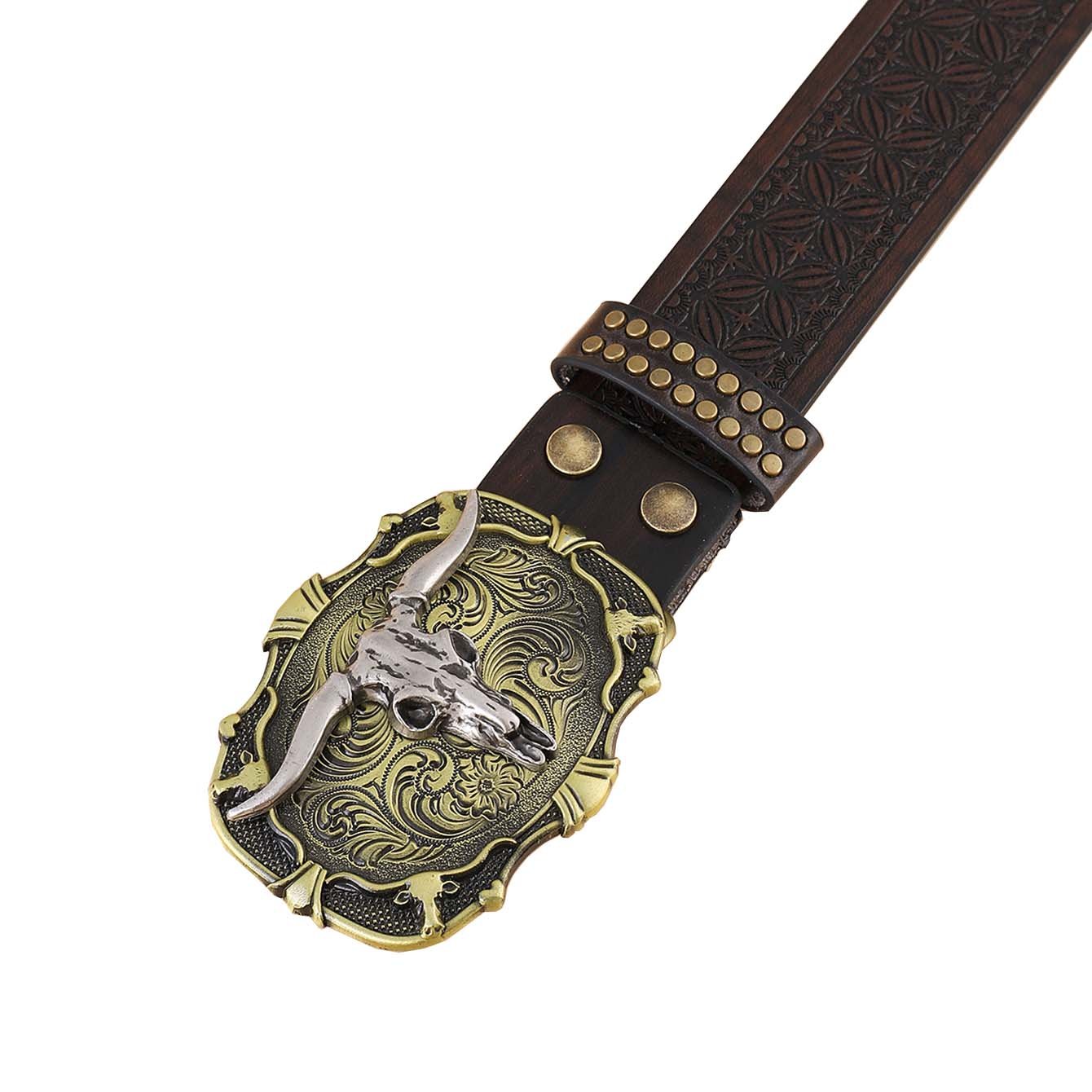 Punk Style Western Cowboy Daily Wear Fashion Rivet Design Embossed Pattern Fake Leather Belt with Bull Alloy Plate Buckle