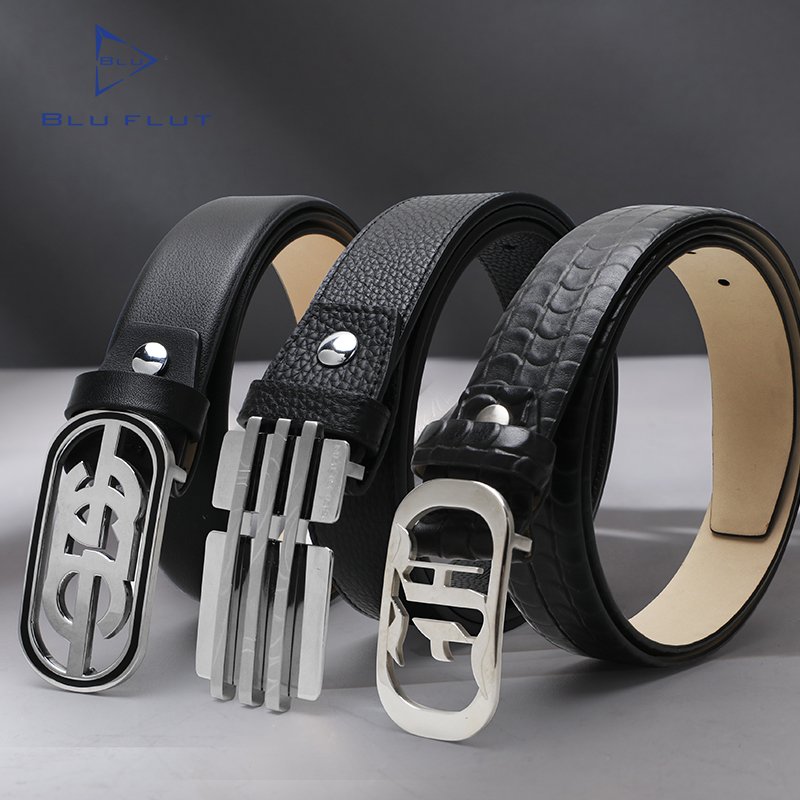 Blu flut high end customized mens leather belt stainless steel smooth buckle belt waist belts