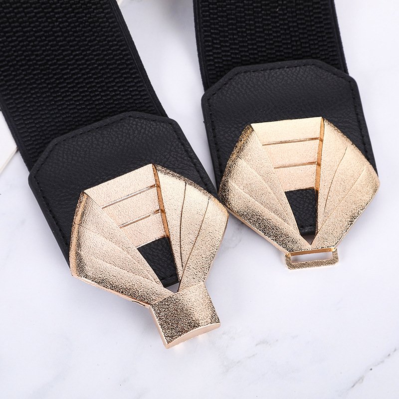 Women's Retro Vintage PU Belt Elastic Wide Waist Cinch Korean Decorative Buckle Stretch Casual Dress Accessory Leather Chain