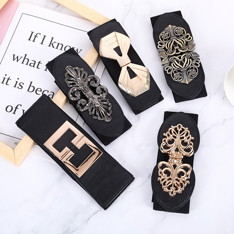 Women's Retro Vintage PU Belt Elastic Wide Waist Cinch Korean Decorative Buckle Stretch Casual Dress Accessory Leather Chain