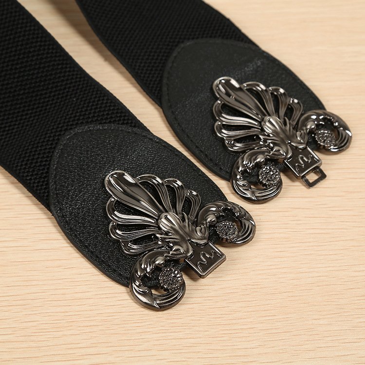 Women's Retro Vintage PU Belt Elastic Wide Waist Cinch Korean Decorative Buckle Stretch Casual Dress Accessory Leather Chain