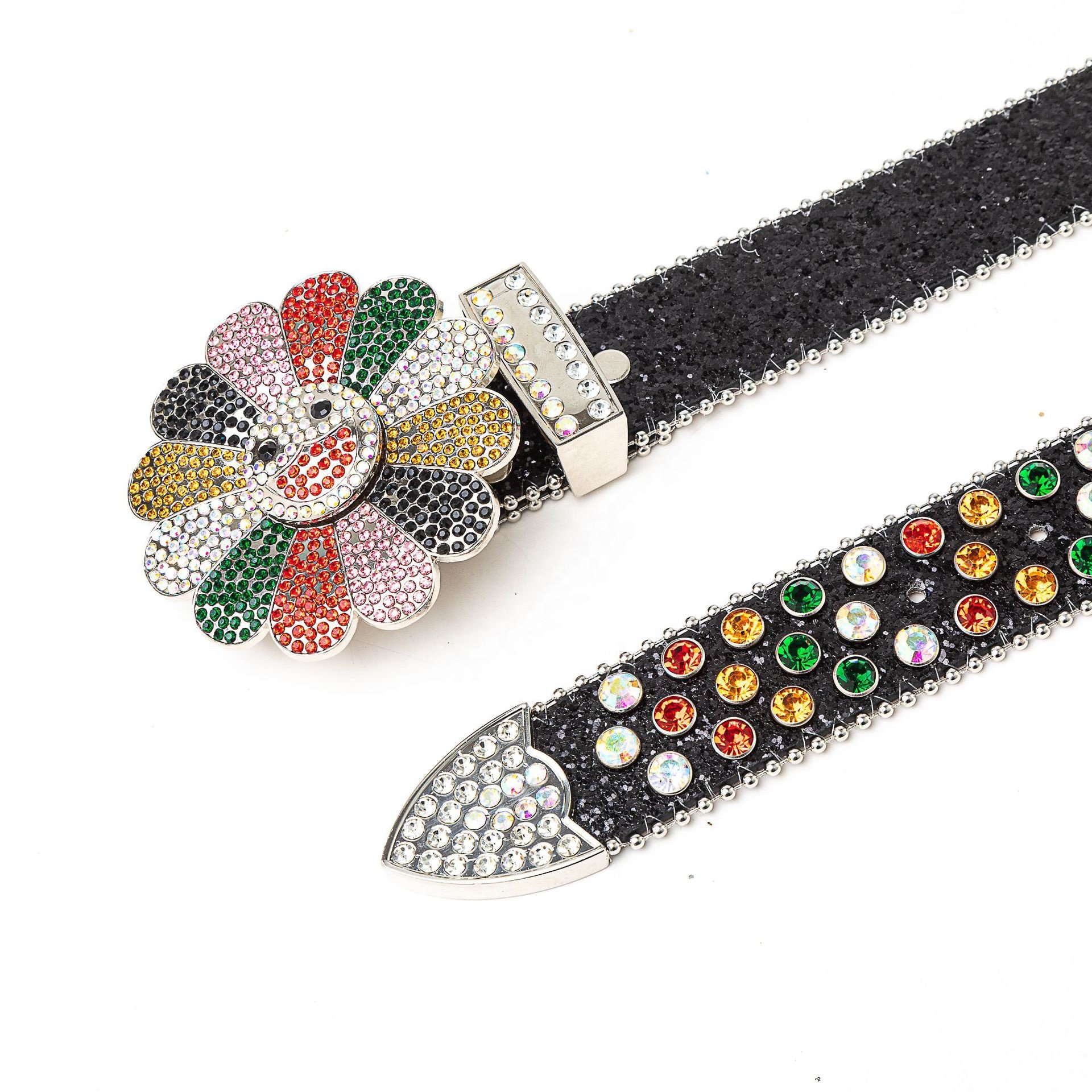 2024 New Fashion Western Leather Belt Unisex Mix Multiple Colors Rhinestone Belt Rotating Buckle Crystal Belt for Woman