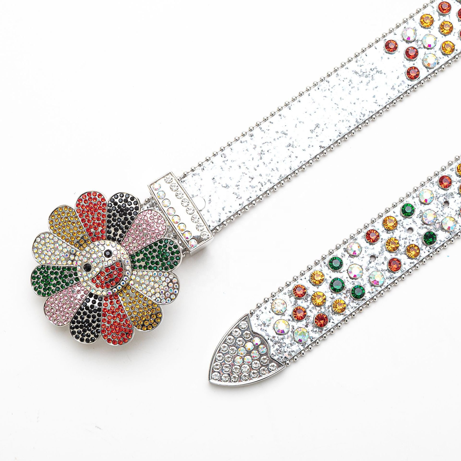 2024 New Fashion Western Leather Belt Unisex Mix Multiple Colors Rhinestone Belt Rotating Buckle Crystal Belt for Woman