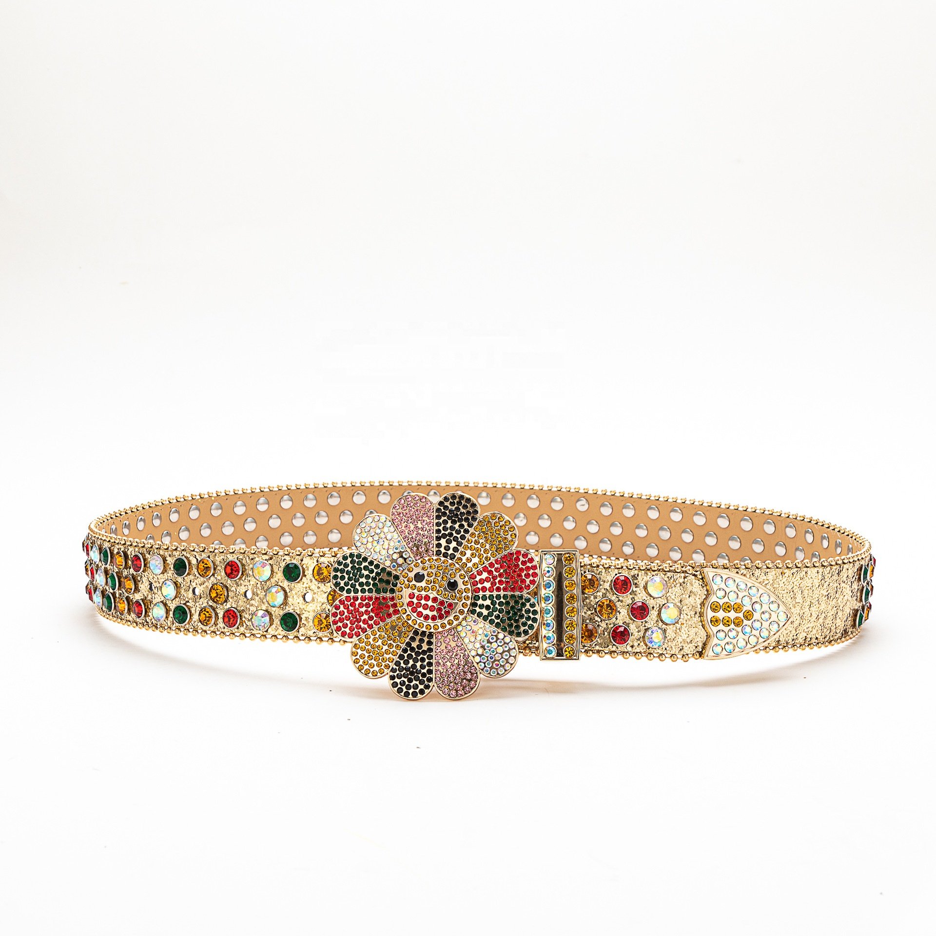 2024 New Fashion Western Leather Belt Unisex Mix Multiple Colors Rhinestone Belt Rotating Buckle Crystal Belt for Woman