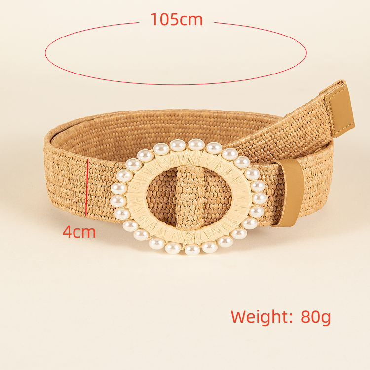 REWIN Skinny Boho Ladies Braided Raffia Dress Belt Women Straw Woven Elastic Stretch Waist Belt With Round Pearl Buckle