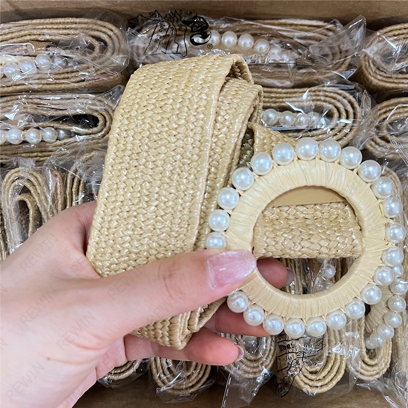 REWIN Skinny Boho Ladies Braided Raffia Dress Belt Women Straw Woven Elastic Stretch Waist Belt With Round Pearl Buckle