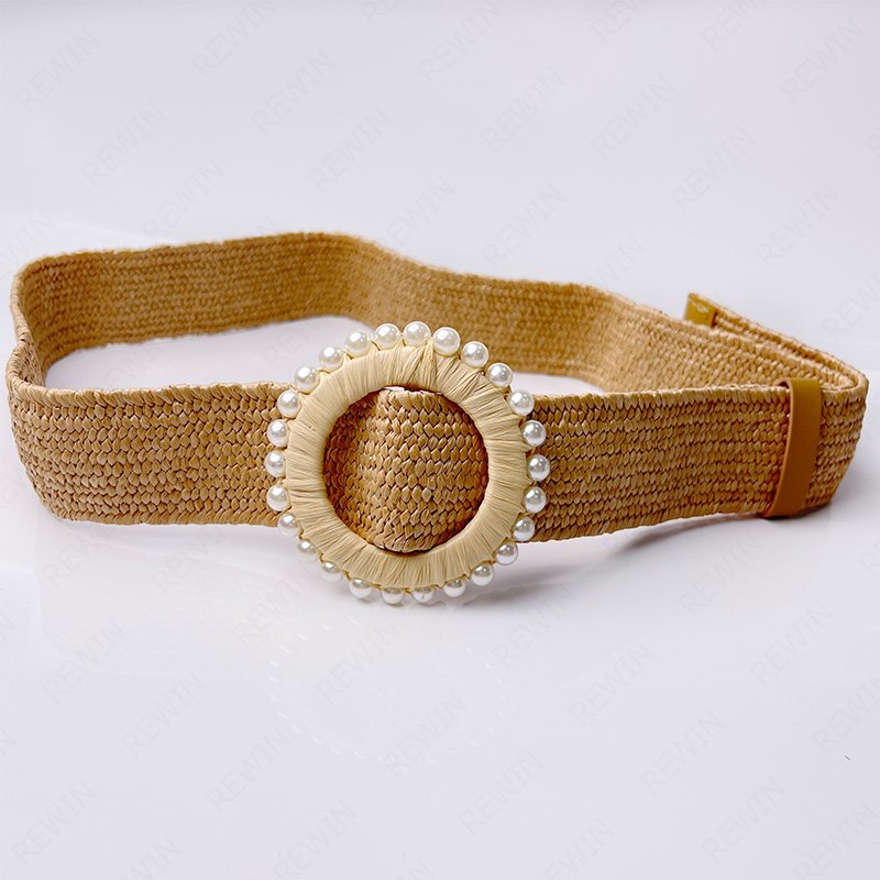 REWIN Skinny Boho Ladies Braided Raffia Dress Belt Women Straw Woven Elastic Stretch Waist Belt With Round Pearl Buckle