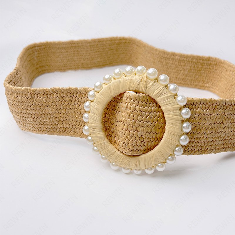 REWIN Skinny Boho Ladies Braided Raffia Dress Belt Women Straw Woven Elastic Stretch Waist Belt With Round Pearl Buckle