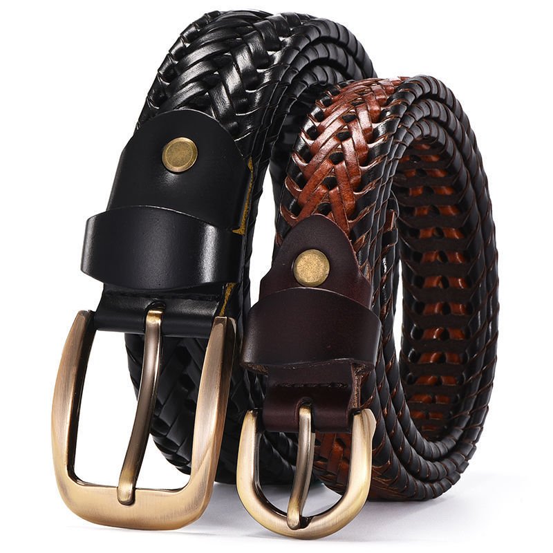 ONTHELEVEL 3.5cm Woven Leather Belt Crafted in Parma Italy with Burnished Gold Roller Buckle for Outfits