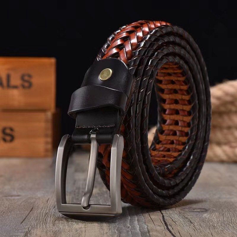 ONTHELEVEL 3.5cm Woven Leather Belt Crafted in Parma Italy with Burnished Gold Roller Buckle for Outfits