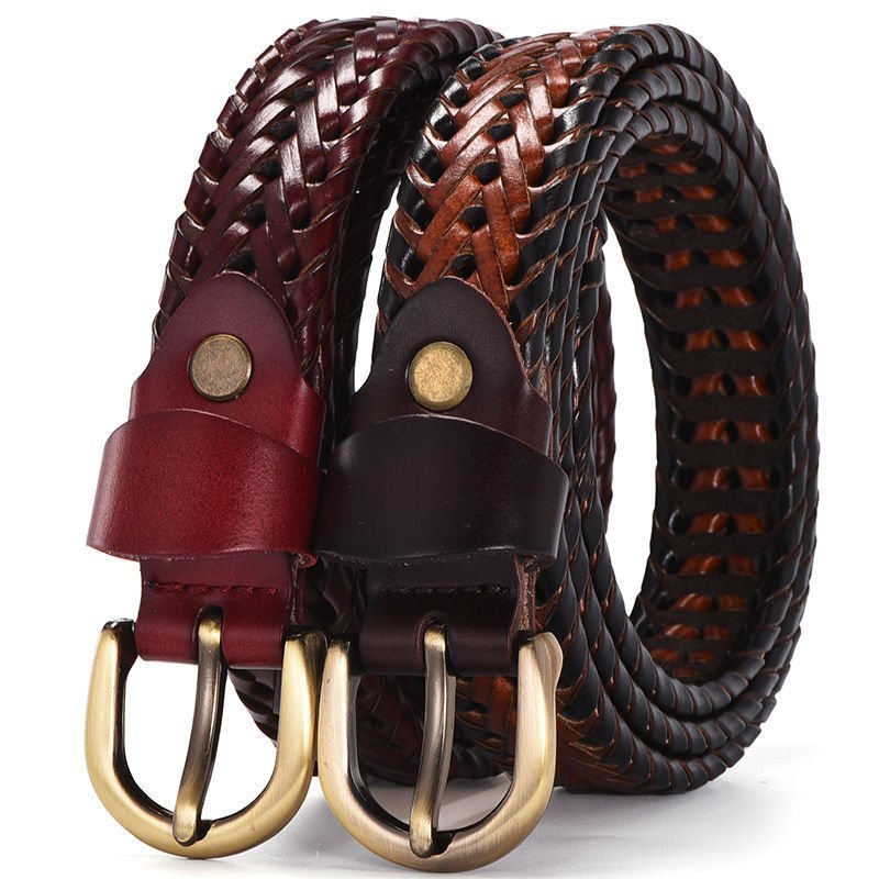 ONTHELEVEL 3.5cm Woven Leather Belt Crafted in Parma Italy with Burnished Gold Roller Buckle for Outfits