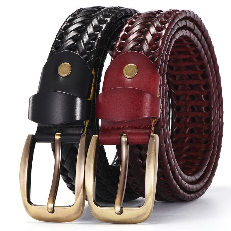 ONTHELEVEL 3.5cm Woven Leather Belt Crafted in Parma Italy with Burnished Gold Roller Buckle for Outfits
