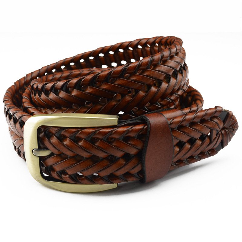 ONTHELEVEL 3.5cm Woven Leather Belt Crafted in Parma Italy with Burnished Gold Roller Buckle for Outfits