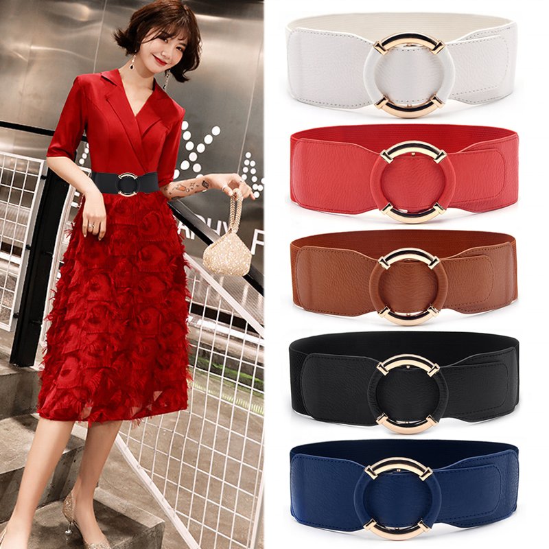 6cm New Ladies Vintage Dress PU Leather Wide Elastic Cinch Stretch Waist Belt with Gold Round Ring