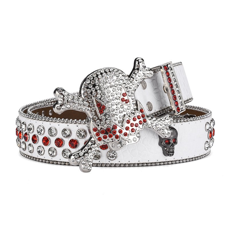 Hot Sale Womens Retro bling bling BB belt Western Hip Hop Punk Style Rhinestone Skull Buckle Belt