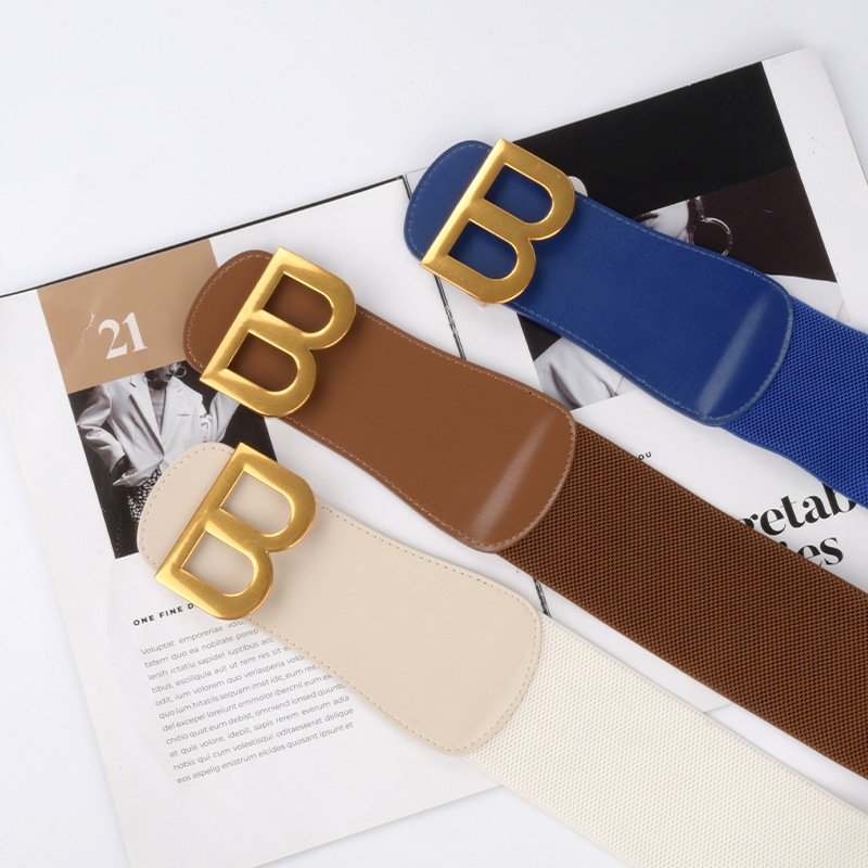 New Designs B Logo Buckle Wide Elastic Waistband Genuine Leather Belt