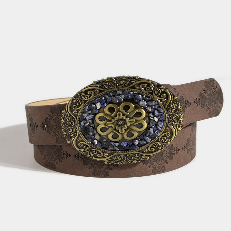 Rewin Vintage Medieval Western Style Cowboy Cowgirl Vegan Leather Belts Turquoise Oval Buckle Embossed Waist Belts