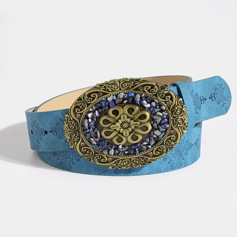 Rewin Vintage Medieval Western Style Cowboy Cowgirl Vegan Leather Belts Turquoise Oval Buckle Embossed Waist Belts