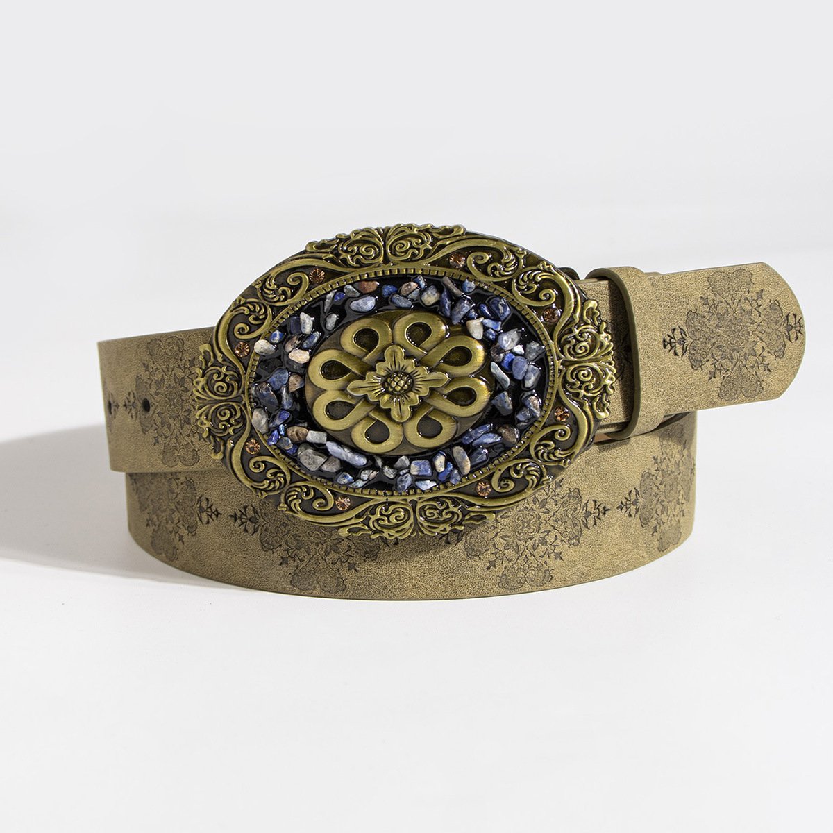 Rewin Vintage Medieval Western Style Cowboy Cowgirl Vegan Leather Belts Turquoise Oval Buckle Embossed Waist Belts
